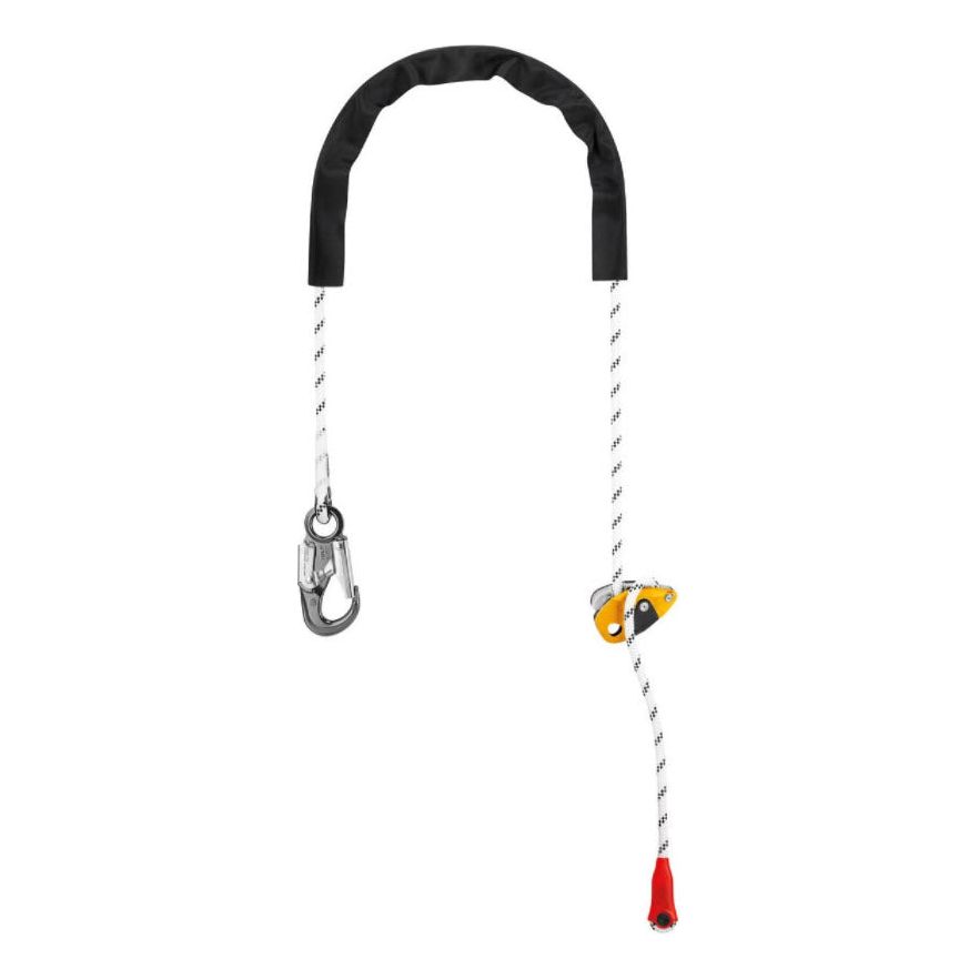 DETAILS
Easy to use:
- fine adjustment system allows length to be precisely adjusted for comfortable positioning at a work station
- used in double mode (on the harness side attachment points) when the user works with weight on his feet. This type of attachment gives better load distribution on the belt. Length is adjusted by pressing on the pivoting cam
Sewn terminations on both ends with plastic sheath to keep the connector in position and protect the rope from abrasion
Removable protective sheath