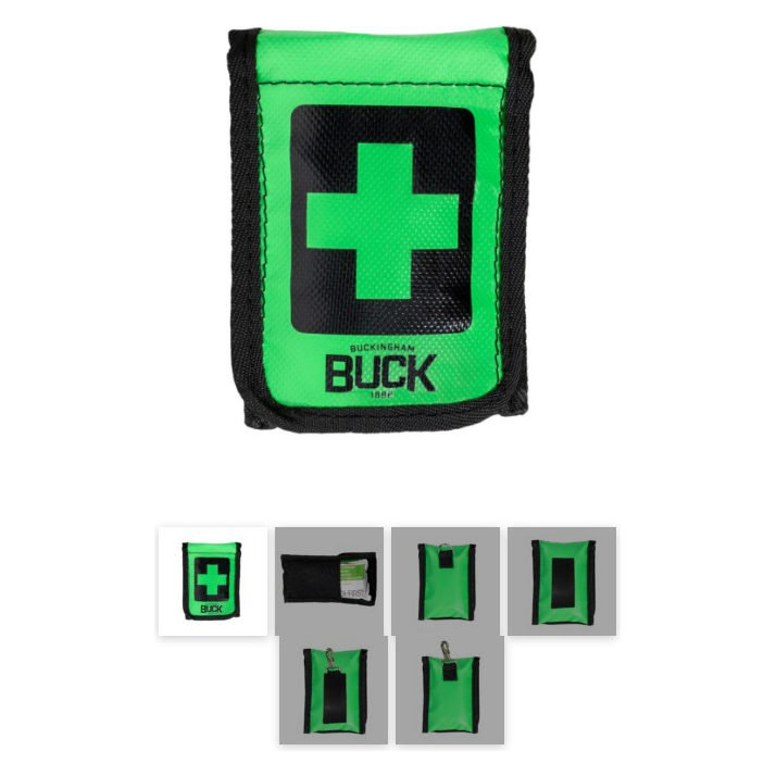 D-ring
Can easily be clipped to any accessory snap or gear loops on the saddle/belt.
Snap
The small aluminum snap may be clipped to any accessory ring or gear loops/hangers on the saddle/belt.
Web Loop
The web loop may be hooked to any accessory snap, carabiner, or be girth hitched with an accessory strap.
Snap & Web Loop 
Has the convenience of two separate attachment types.
 
Contains one large blood stopper to control bleeding until the victim can be administered First Aid on the ground. These are new