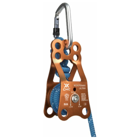 The original Kootenay knot passing pulley was proposed by the legendary Arnor Larson in the late '80's and was made by Rock Exotica. Two holes for tag lines, a dual bearing and other features make the Kootenay Ultra the most advanced pulley of its type.
Extemely compact and lightweight, while maintaining same capacity of larger Kootenay-style pulleys.
Simplifies high-strength tie-off with a single locking screw, stowable within the axle.
Uses two independent sealed ball bearings for increased durability