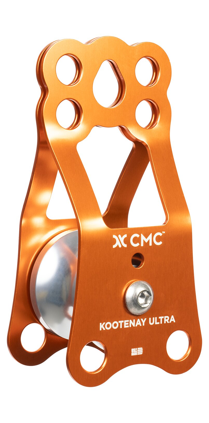 The original Kootenay knot passing pulley was proposed by the legendary Arnor Larson in the late '80's and was made by Rock Exotica. Two holes for tag lines, a dual bearing and other features make the Kootenay Ultra the most advanced pulley of its type.
Extemely compact and lightweight, while maintaining same capacity of larger Kootenay-style pulleys.
Simplifies high-strength tie-off with a single locking screw, stowable within the axle.
Uses two independent sealed ball bearings for increased durability