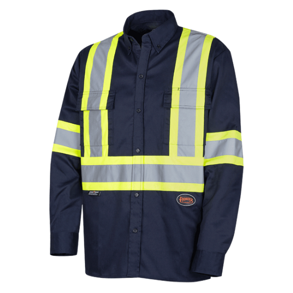 PIONEER 4414 BUTTON POLY/COTTON WITH REFLECTIVE TAPE WORK SHIRT - NAVY
