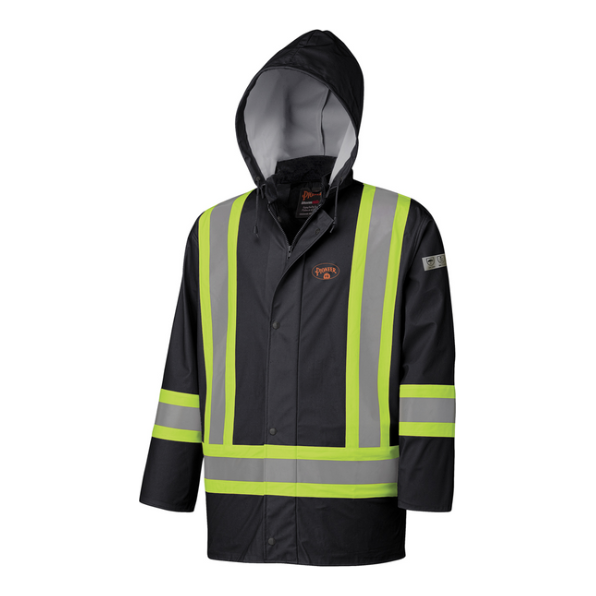 FR treated 100% polyurethane/poly
Meets CGSB 155.20, 2000 TYPe 3
CSA Z96-09 Class 1 Level 2 and Class 1 Level FR
Oil and chemical resistant
100% waterproof and windproof
Lightweight and tough 4-way stretch PU
StarTech™ FR reflective tape
Heat welded seams
Extra-large detachable hood
Full FRont zipper with snap closure storm flap
Sizes: XS-5XL
Black