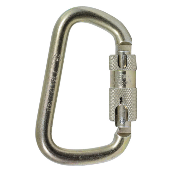 Features
Lightweight, easy to use with a convenient double locking mechanism
Made with zinc plated steel, this high-strength carabiner resists rust, corrosion and weathering; Making it highly durable for a small package.
Certified with a gate strength requirement of 3,600 lb, this double locking carabiner meets ANSI Z359.12 standards.
Specifications
Model Number:  CP-03015-1
Certification:  ANSI, CSA, CE
Locking Type:  Auto-Twist Lock
Material:  Alloy Steel (Zinc Plated)
Opening:  3/4 inch
Product Number: