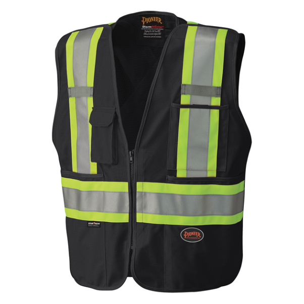 PIONEER 6937 HI-VIZ SAFETY TEAR-AWAY MESH BACK ZIP FRONT SAFETY VEST - BLACK
