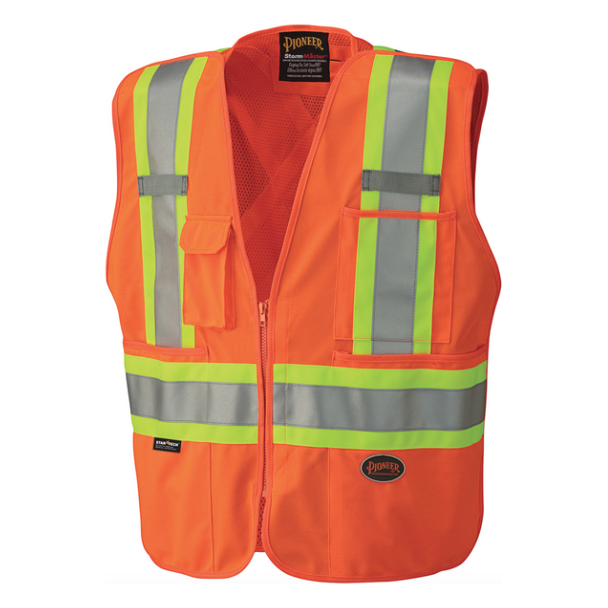 PIONEER 6935 TEAR-AWAY MESH BACK ZIP FRONT SAFETY VEST - HI-VIZ ORANGE