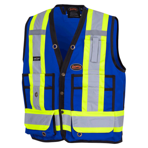 HI-VIS 150D POLY TWILL SURVEYORS SAFETY VEST - SNAP CLOSURE - ROYAL BLUE