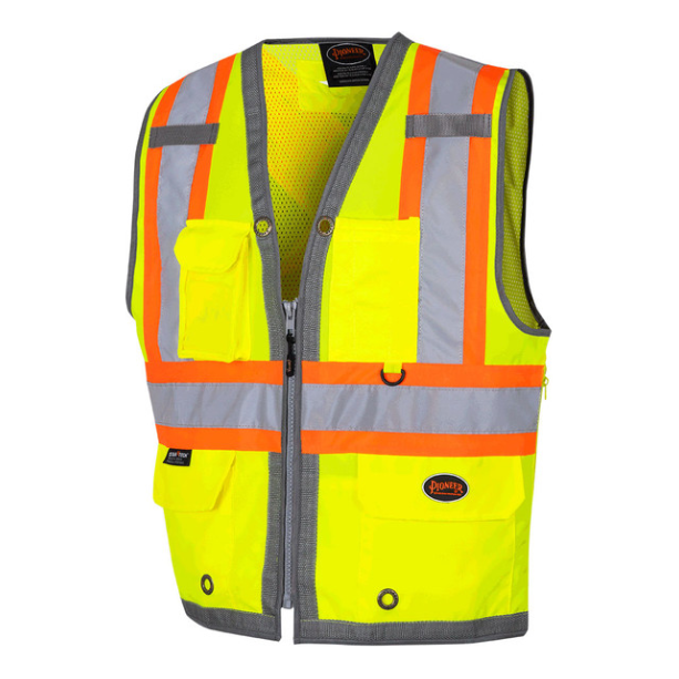 PIONEER 6673 MESH BACK ZIP FRONT SURVEYOR SAFETY VEST - HI-VIZ YELLOW/GREEN