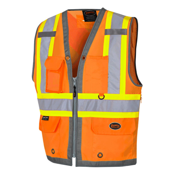 PIONEER 6672 MESH BACK ZIP FRONT SURVEYOR SAFETY VEST - HI-VIZ ORANGE