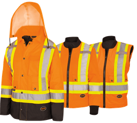PIONEER WOMENS HI-VIS 7 - IN - 1 WATERPROOF JACKET W/ HOOD - HI-VIS ORANGE/BLACK BOTTOM