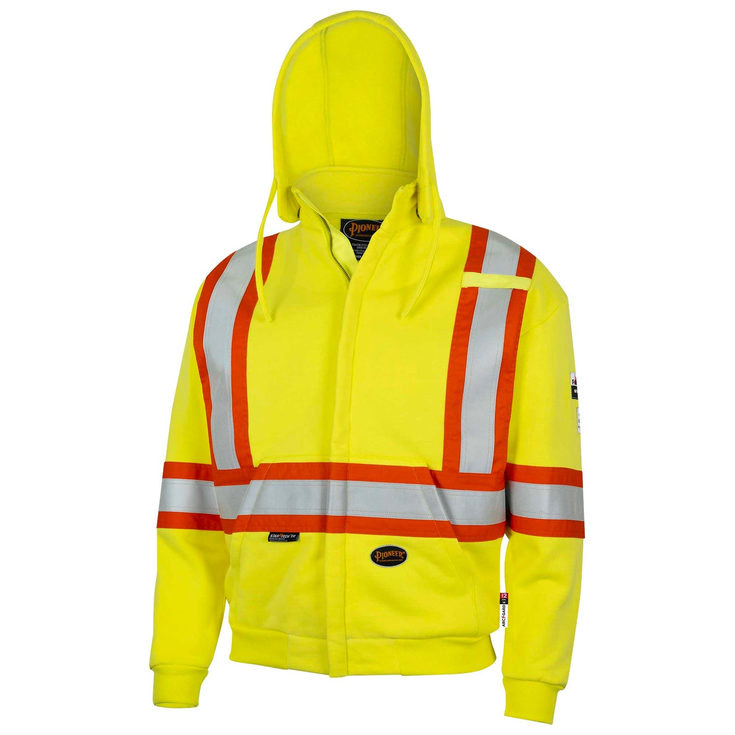 PIONEER HI-VIS FR HEAVYWEIGHT COTTON SAFETY HOODIE - ZIPPER CLOSURE - HI-VIS YELLOW