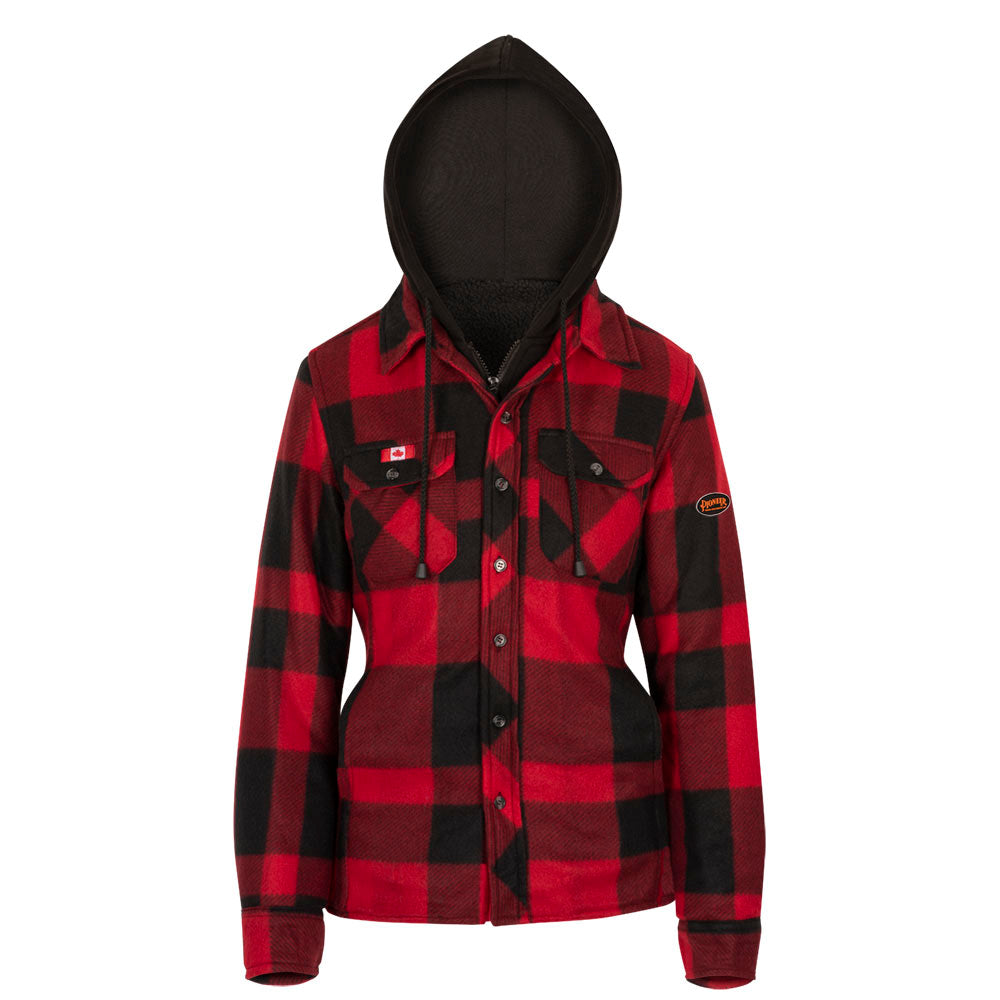 PIONEER WOMENS QUILTED POLAR FLEECE HOODED SHIRT - RED/BLACK PLAID