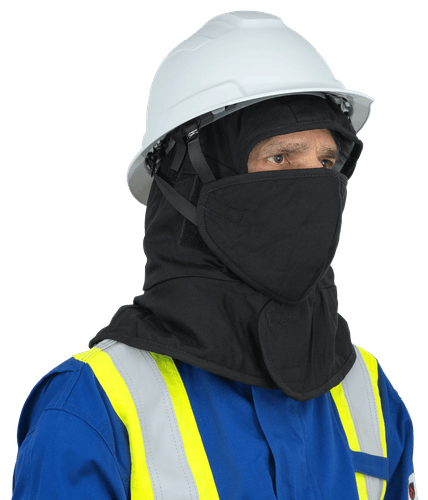FLAME-RESISTANT QUILTED HARD HAT LINER – LONG NECK – DETACHABLE MOUTHPIECE – BLACK – ONE SIZE FITS ALL