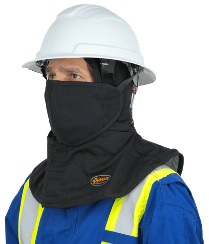 HEAVY-DUTY FLAME-RESISTANT QUILTED HARD HAT LINER – LONG NECK – DETACHABLE MOUTHPIECE – BLACK – ONE SIZE FITS ALL