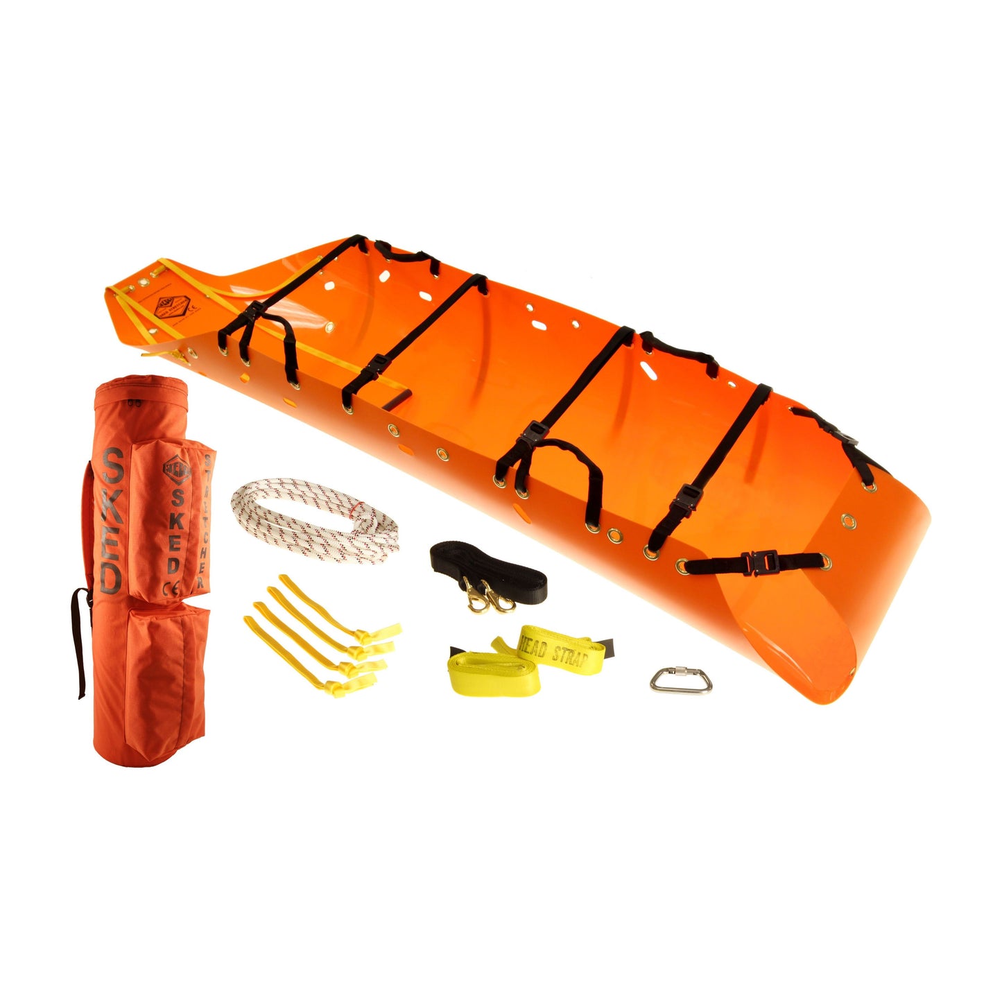 The original and still the best rescue stretcher for confined space, high angle or technical rescue, and traditional land based applications. The Sked stretcher is a revolutionary design which provides outstanding patient protection and security.
The Sked comes equipped for horizontal hoisting by helicopter or vertical hoisting in caves or industrial confined spaces. When the patient is packaged the stretcher becomes rigid. The durable plastic provides protection for the patient while allowing extrication