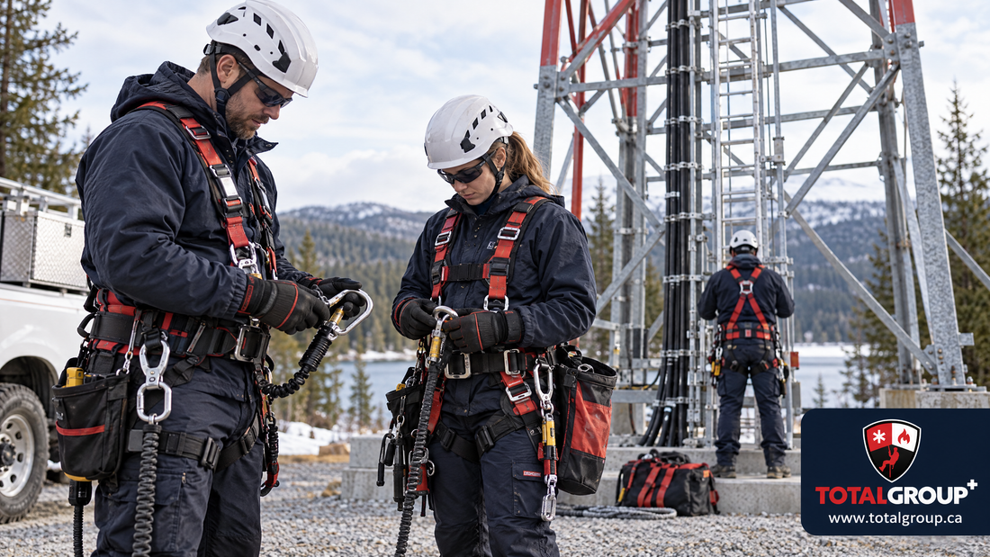 Total Group tower and telecom crew checking harnesses and tool control