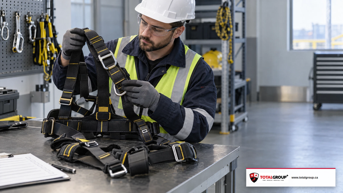 Gloved hands inspecting generic full-body harness webbing on an industrial workbench