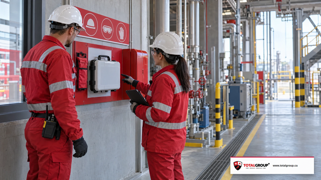 Industrial safety supervisor and HSE coordinator reviewing a first-aid readiness checklist beside a closed unbranded case at a workstation