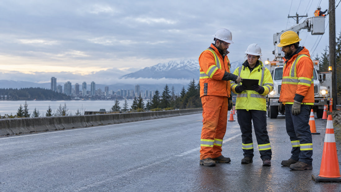 Industrial workers in high-visibility workwear at a controlled roadside utility work zone.