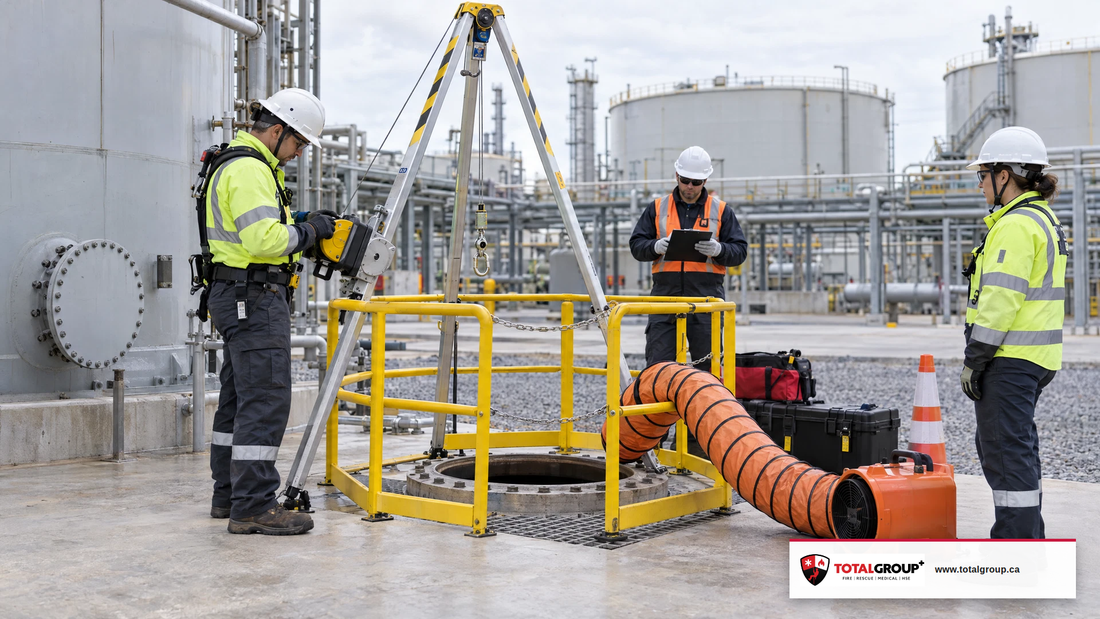 Industrial team preparing confined-space entry equipment outside a vessel access point