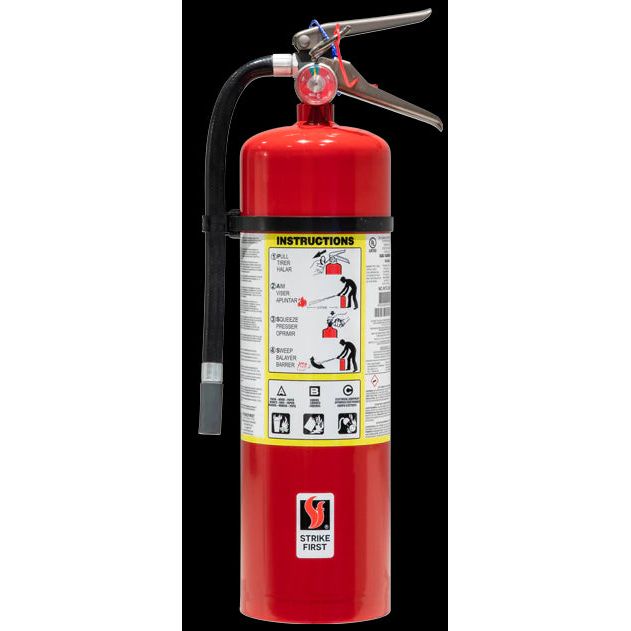 Strike First 10lb ABC Dry Chemical Fire Extinguisher. Appropriate size for shop, warehouse or garage.

Steel cylinder complete with protective skirt
Super durable polyester powder paint finish with superior corrosion resistance
Waterproof stainless steel gauge
Handle reinforced, full grip hardcoat anodized aluminum
Oversized pull pin with retaining strap for easier and faster activation
Color and bar coded labels for accurate service
Complies with NFPA 10 Standard
Meets Alberta Fire Code 4A60BC minimum
