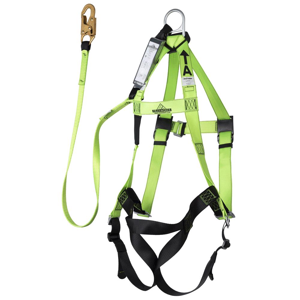 PeakWorks FBH-10000A6440-4 harness/lanyard integral combo with shock-absorbing lanyard and snap hook