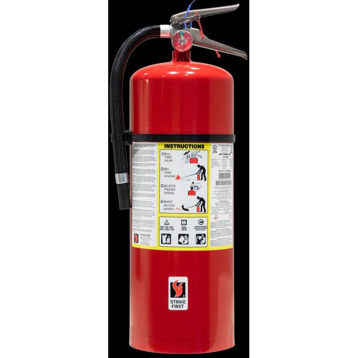 Strike First 20lb ABC Dry Chemical Fire Extinguisher. Appropriate size for industrial applications.

Steel cylinder complete with protective skirt
Super durable polyester powder paint finish with superior corrosion resistance
Waterproof stainless steel gauge
Handle reinforced, full grip hardcoat anodized aluminum
Oversized pull pin with retaining strap for easier and faster activation
Color and bar coded labels for accurate service
Complies with NFPA 10 Standard