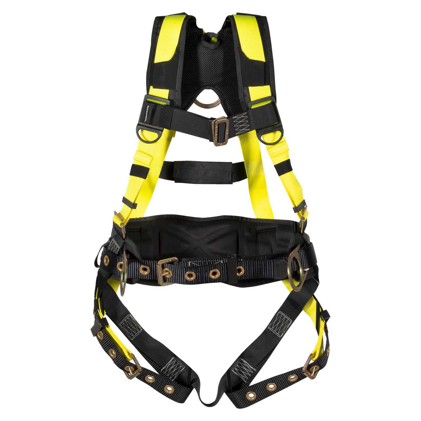 Specifications:

Material: Polyester
Color: Neo-Yellow, Black
Hardware: Steel zinc plated
Class: A,P (Dorsal, Positioning)
Buckles: Chest pass Threw, Tongue buckle leg straps
Size: Universal
Capacity:160kg (352lbs)
Certification: CSA Z259-10