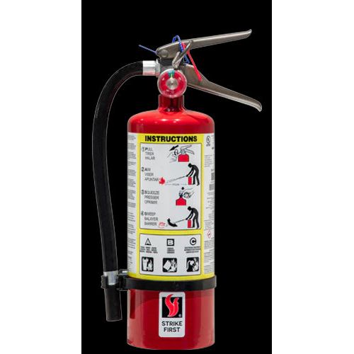  5lb ABC Dry Chemical Fire Extinguisher.

Steel cylinder complete with protective skirt
Super durable polyester powder paint finish with superior corrosion resistance
Waterproof stainless steel gauge
Handle reinforced, full grip hardcoat anodized aluminum
Oversized pull pin with retaining strap for easier and faster activation
Color and bar coded labels for accurate service
Complies with NFPA 10 Standard
Meets Alberta Fire Code 2A10BC Minimum Rating requirement