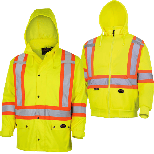 Pioneer Waterproof 450D Oxford Polyester Rain Jacket + Fleece Hoodie – Hi-Vis Yellow/Green