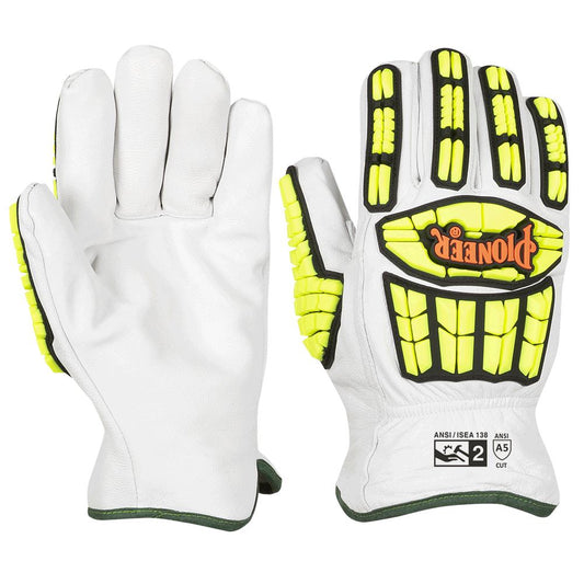 • Material – With a durable and breathable goatskin grain leather shell, the Goatskin Driver’s TPR Impact-Resistant Gloves, Cut Level A5 conform to your hands for long hours of comfort and protection

• Applications – Tailored to be used for various industries including construction, oil/gas, material handling, steel/iron work and much more!

• Features – The amazing resistance and dexterity comes from the heavy-duty TPR on the fingers, thumb, knuckles, and the back of the hand.

• Design – Designed with an