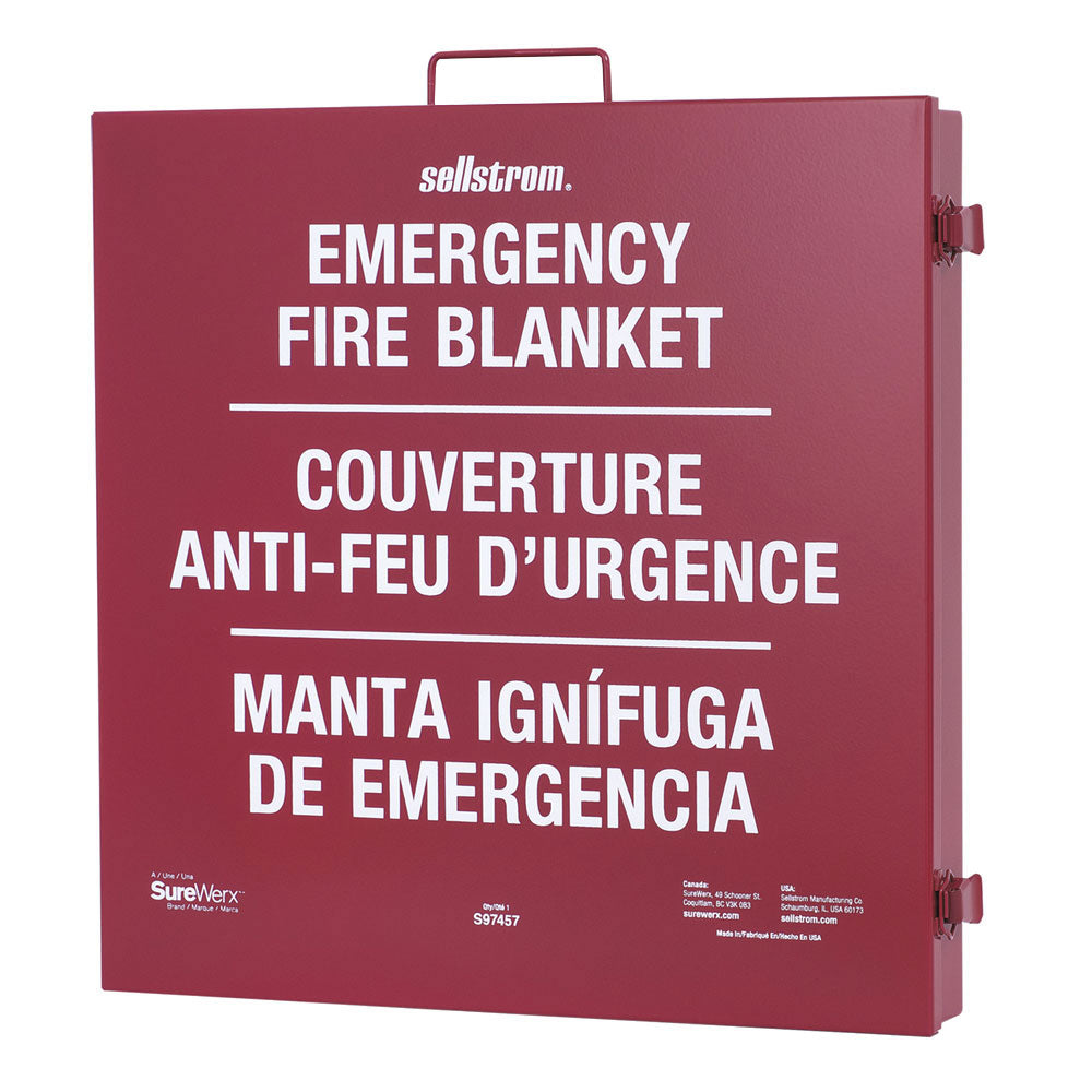 SELLSTROM HIGH-TEMP EMERGENCY FIRE BLANKET - RED METAL CABINET - UNCOATED FIBERGLASS 18OZ