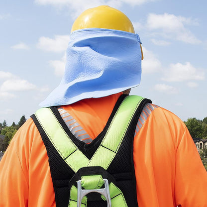 Rear view of a worker wearing the blue Pioneer PVA cooling neck shade on a yellow hard hat.
