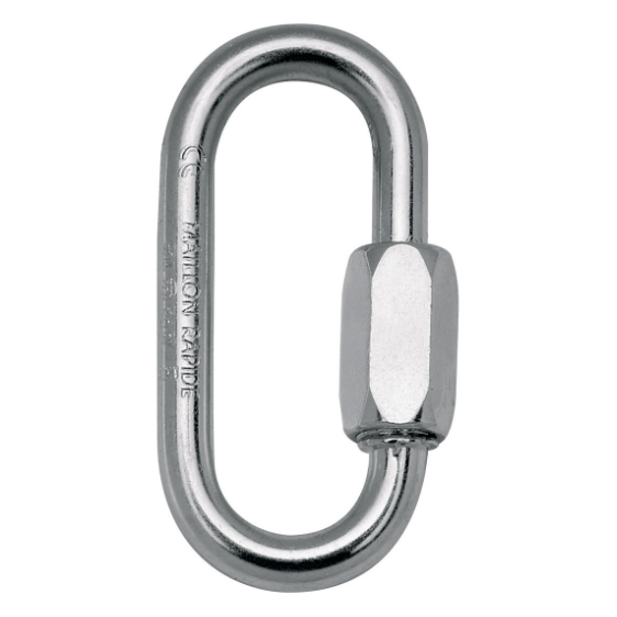 When closed with a wrench, this steel quick link becomes a semi-permanent anchor ring.

 SPECIFICATIONS
Rod stock diameter: 7 or 8 mm
Material(s): steel
Certification(s): CE EN 362 type Q