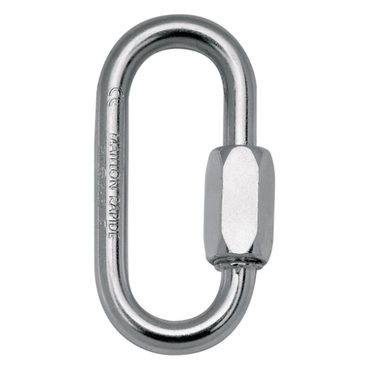 When closed with a wrench, this steel quick link becomes a semi-permanent anchor ring.

 SPECIFICATIONS
Rod stock diameter: 7 or 8 mm
Material(s): steel
Certification(s): CE EN 362 type Q