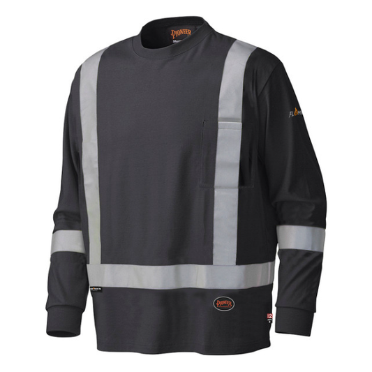 100% FR treated preshrunk cotton, 7.5 oz (250 GSM)
Material and all components meet CGSB 155.20-2000
Thermal Protective Performance (TPP) value with the spacer: 7.5 / contact test: 5.9
CSA Z96-15 Class 1 Level 2 and Class 1 Level FR
ANSI/ISEA 107-15 Class 1 Type O
Meets ASTM F1506-10a, NFPA 70E and CSA Z462-15
ATPV 9 cal/cm² (Arc Thermal Protective Value)
ARC 2 Arc Rating Category
StarTech™ FR reflective tape
Sewn with inherently FR thread
Self fabric crew neck
Chest pocket with hook and loop closure
Sizes