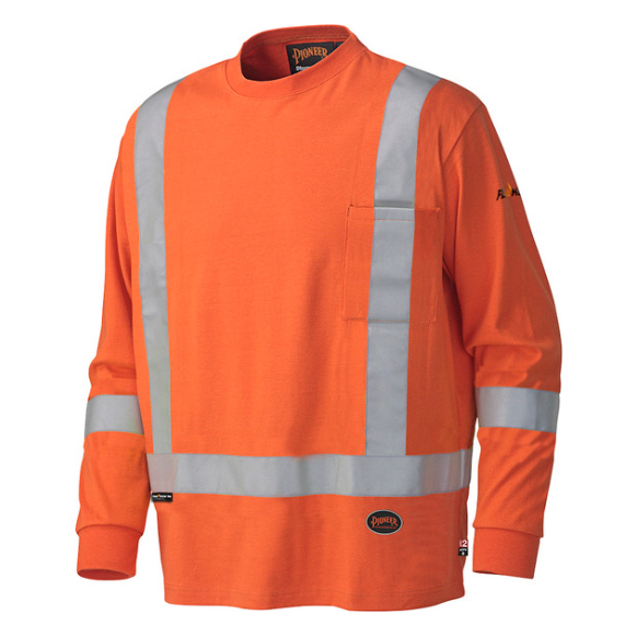• 100% FR treated preshrunk cotton, 7.5 oz (250 GSM)
• Material and all components meet CGSB 155.20-2000
• Thermal Protective Performance (TPP) value with the spacer: 7.5 / contact test: 5.9
• CSA Z96-15 Class 1 Level 2 and Class 1 Level FR
• ANSI/ISEA 107-2020 Class 1 Type O
• Meets ASTM F1506-10a, NFPA 70E and CSA Z462-15
• ATPV 9 cal/cm² (Arc Thermal Protective Value)
• ARC 2 Arc Rating Category
• StarTech™ FR reflective tape
• Sewn with inherently FR thread
• Self fabric crew neck
• Chest pocket with
