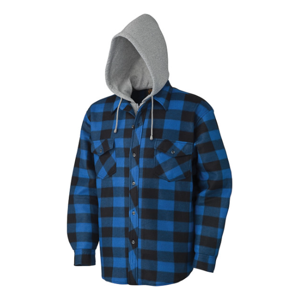 PIONEER 415SS QUILTED HOODED POLAR FLEECE SHIRT - ROYAL/BLACK PLAID