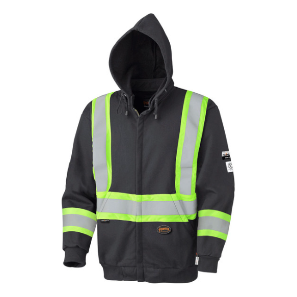 If you want a zip-up safety hoodie that's fire-resistant, durable and hi-viz, this 337SF Flame Resistant Zip Style Heavyweight Safety Hoodie is for you. It meets CSA standards and much more. Check out bulk pricing options and checkout with no account needed!

FEATURES:

100% FR treated preshrunk cotton, 12 oz (400 GSM)
Material and all components meet CGSB 155.20-2000
Thermal Protective Performance (TPP) value with the spacer: 12 / contact test: 10.5
CSA Z96-15 Class 1 Level 2 and Class 1 Level FR
ANSI/ISEA