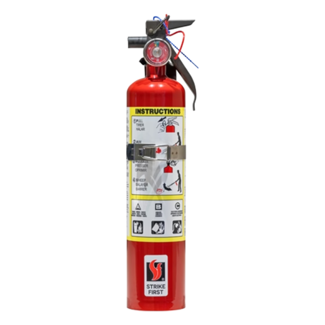Strike First 2.5lb ABC Dry Chemical Fire Extinguisher. Appropriate size for cab of truck. NOTE: this fire extinguisher is not large enough to qualify as providing coverage for a building, and is intended for vehicles only.

Steel cylinder complete with protective skirt
Super durable polyester powder paint finish with superior corrosion resistance
Waterproof stainless steel gauge
Handle reinforced, full grip hardcoat anodized aluminum
Oversized pull pin with retaining strap for easier and faster activation