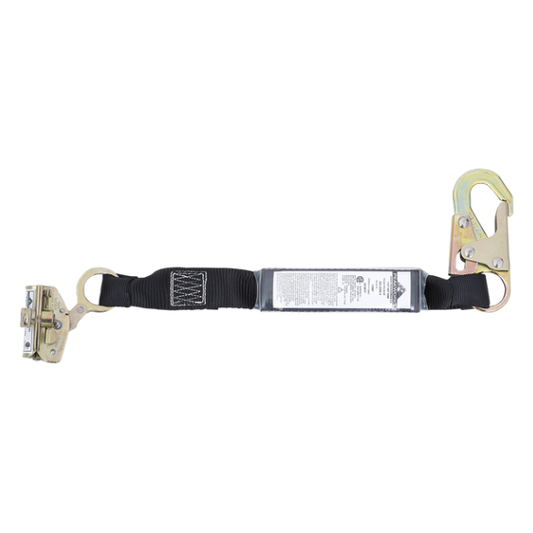 • SP (Shock Pack) lanyards are comprised of "tear webbing" which is woven in a manner that allows the webbing to tear when it has a load applied to it. This tearing absorbs a significant amount of downward force under load, reducing injury. This tear webbing is folded and shrink-wrapped into a compact 1 x 2 x 6" (2.5 x 5 x 15 cm) pack that is sewn into the lanyard next to the body connector.
• Certified to CSA Z259.11-05 standards
• Made with a superior grade, heavy-duty 1-3/4" (45 mm) or 1" (25 mm)