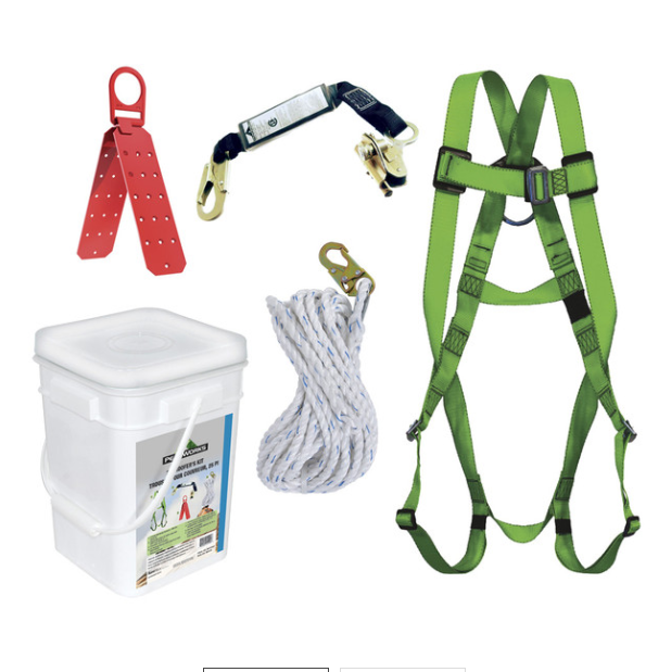 Includes Compliance Harness V8001000, SP Lanyard with Integral ADP Rope Grab V8103162, Vertical Lifeline V840184025, Reusable Roof Bracket V8229100, Pail V860210