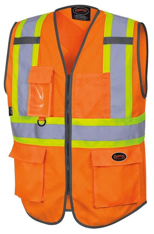 Pioneer 6958 hi-vis orange poly tricot zipper safety vest.