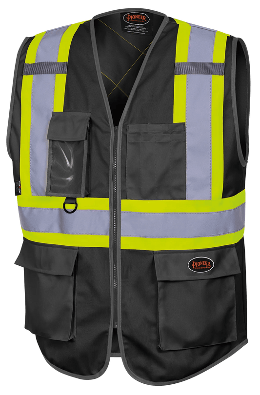 Pioneer Hi-Vis Poly Tricot Safety Vest - Zipper Closure - Black