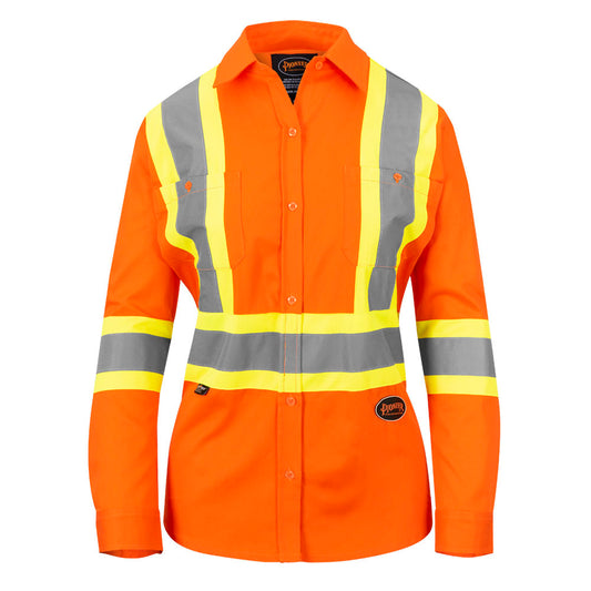 PIONEER WOMENS LONG SLEEVE SAFETY SHIRT - HI-VIS ORANGE