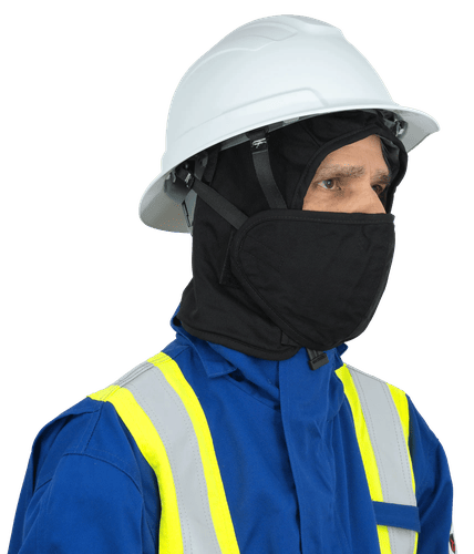 FLAME-RESISTANT QUILTED HARD HAT LINER – DETACHABLE MOUTHPIECE – BLACK – ONE SIZE FITS ALL