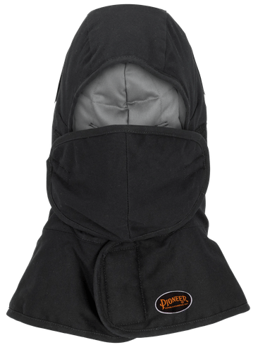 FLAME-RESISTANT QUILTED HARD HAT LINER – LONG NECK – DETACHABLE MOUTHPIECE – BLACK – ONE SIZE FITS ALL