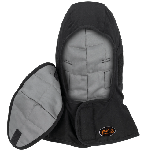 FLAME-RESISTANT QUILTED HARD HAT LINER – LONG NECK – DETACHABLE MOUTHPIECE – BLACK – ONE SIZE FITS ALL