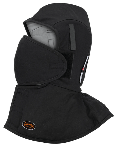 HEAVY-DUTY FLAME-RESISTANT QUILTED HARD HAT LINER – LONG NECK – DETACHABLE MOUTHPIECE – BLACK – ONE SIZE FITS ALL