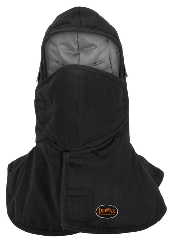 HEAVY-DUTY FLAME-RESISTANT QUILTED HARD HAT LINER – LONG NECK – DETACHABLE MOUTHPIECE – BLACK – ONE SIZE FITS ALL