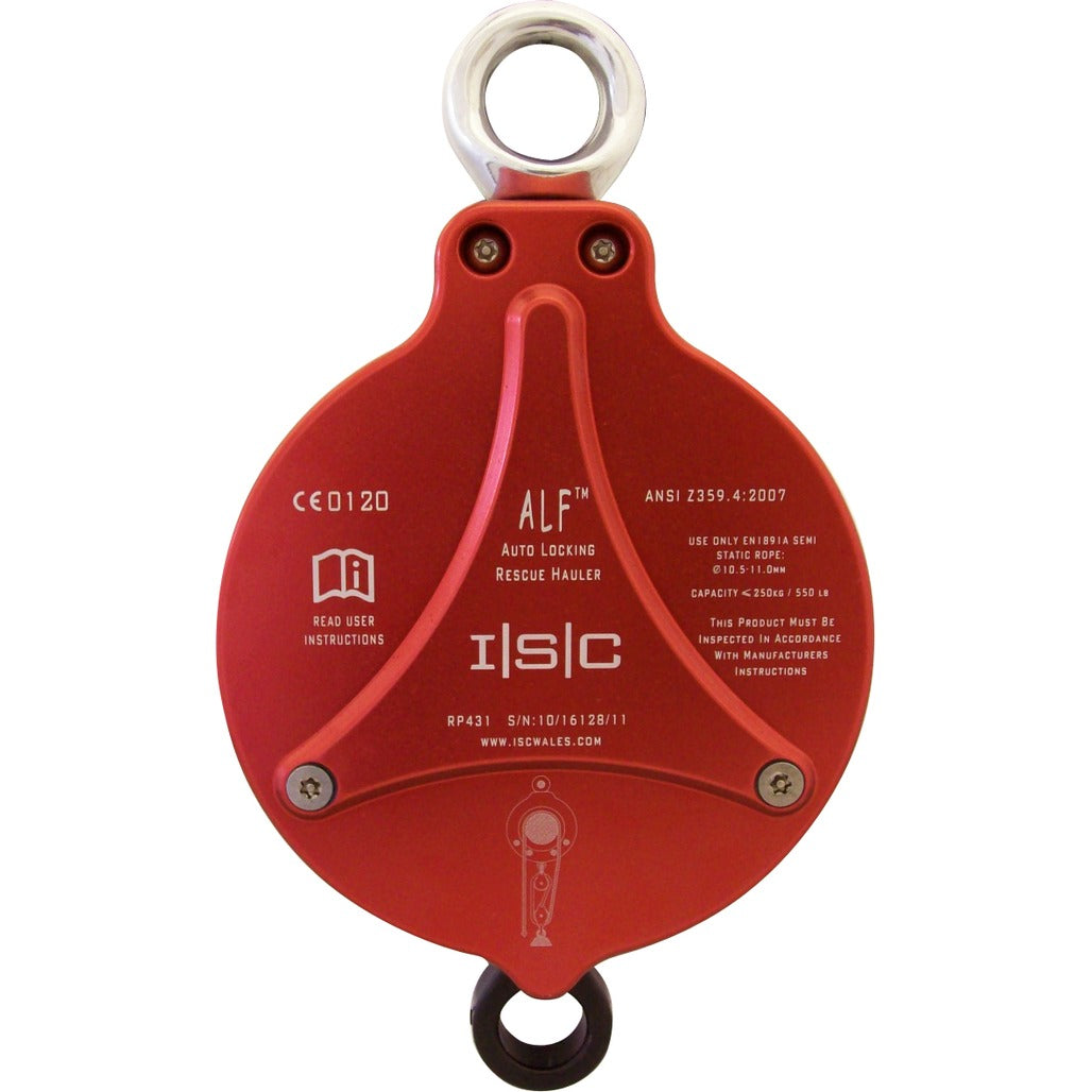 Square-on front view of a red ISC R-ALF RP431 auto-locking rescue hauler pulley.